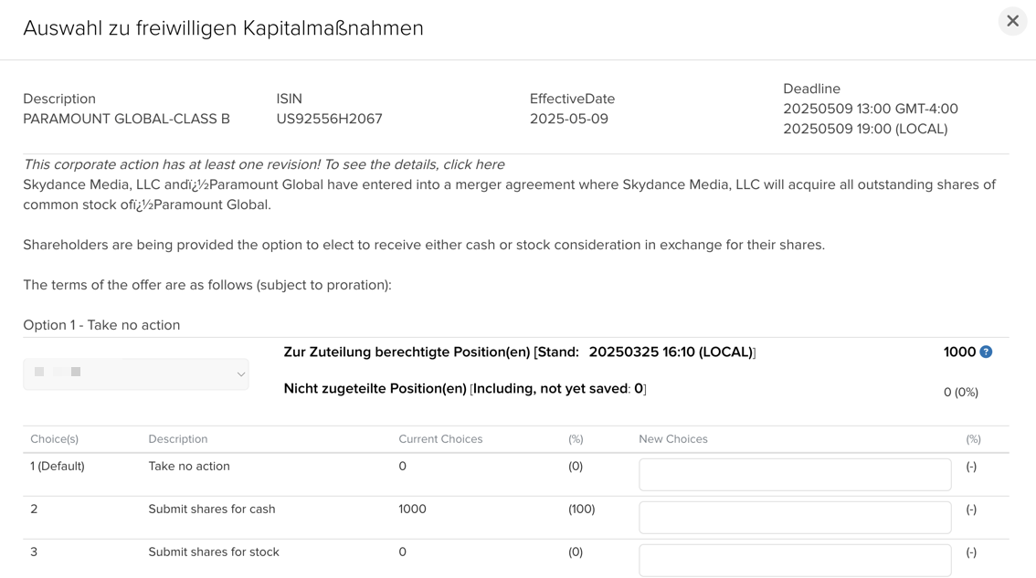 Screenshot CapTrader Corporate Action – Wahlmöglichkeit Cash oder neue Aktien bei Paramount Global Merger
