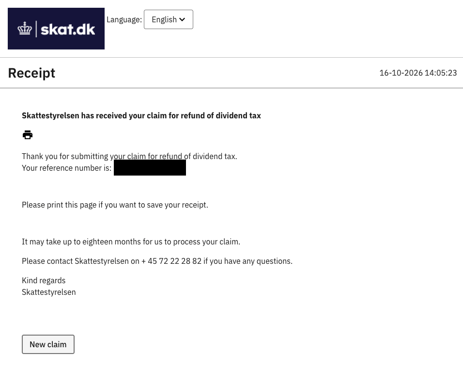 Eingangsbestätigung eines Antrags auf Erstattung dänischer Quellensteuer