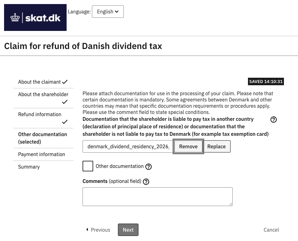 Ansässigkeitsnachweis im dänischen Erstattungsantrag hochladen
